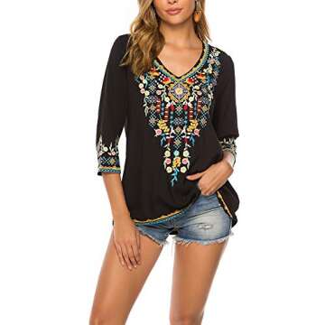 AK Women's Embroidered Tops 3/4 Sleeve Traditional Mexican Shirts for Women V Neck Peasant Tunic Blo...