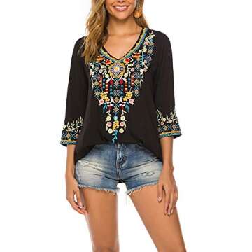 AK Women's Embroidered Tops 3/4 Sleeve Traditional Mexican Shirts for Women V Neck Peasant Tunic Blouses Black