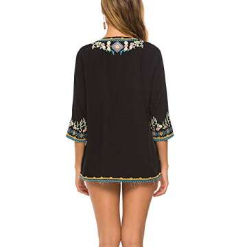 AK Women's Embroidered Tops 3/4 Sleeve Traditional Mexican Shirts for Women V Neck Peasant Tunic Blouses Black