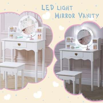 UTEX Kids Vanity, Girls Vanity Set with Mirror and Stool and Lights, Pretend Play Kids Vanity Table ...