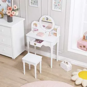 UTEX Kids Vanity, Girls Vanity Set with Mirror and Stool and Lights, Pretend Play Kids Vanity Table and Chair Set,Wooden Princess Makeup Desk Dressing Table, White