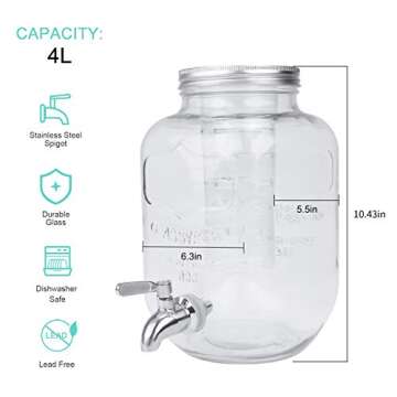 1 Gallon / 4000ml Clear Mason Jar With Lids, Airtight Glass Jars With Stainless Water Faucet and Ice Cylinder Perfect for Beer, Sun Tea, Coffee, Coke and Cold Drinks, 2 pack