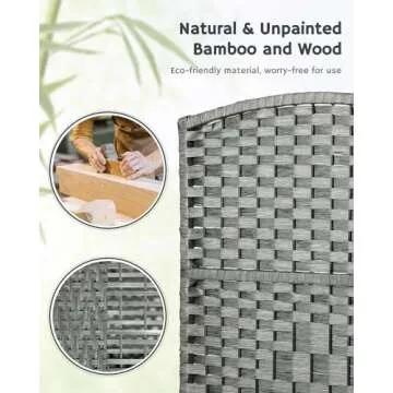 JOSTYLE Folding Privacy Room Divider, 4 Panel Screen Divider 6 ft. Tall Freestanding Extra Wide Rattan Room Partition Wall Separation Dividers, Grey