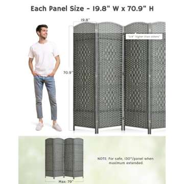 JOSTYLE Folding Privacy Room Divider, 4 Panel Screen Divider 6 ft. Tall Freestanding Extra Wide Rattan Room Partition Wall Separation Dividers, Grey