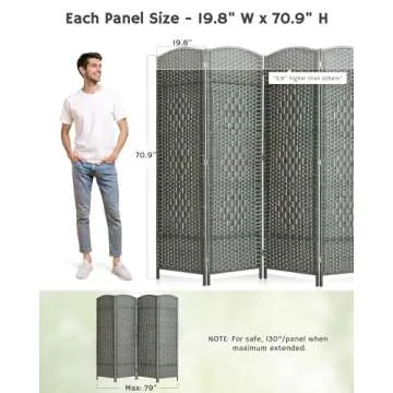 JOSTYLE Folding Privacy Room Divider, 4 Panel Screen Divider 6 ft. Tall Freestanding Extra Wide Rattan Room Partition Wall Separation Dividers, Grey