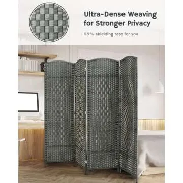 JOSTYLE Folding Privacy Room Divider, 4 Panel Screen Divider 6 ft. Tall Freestanding Extra Wide Rattan Room Partition Wall Separation Dividers, Grey
