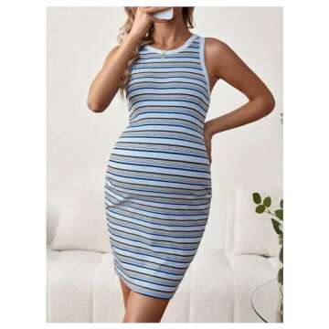 MakeMeChic Women's Maternity Casual Dress Striped Sleeveless Crew Neck Bodycon Mini Pregnancy Dress Blue Small