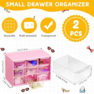 Wenqik 2 Pcs Small Drawer Organizer Teacher Toolbox Small Organizer with 9 Clear Drawers Plastic Des...