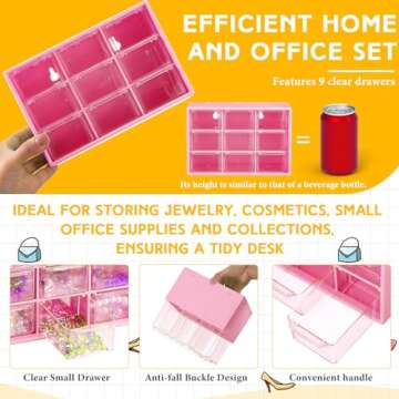 Wenqik 2 Pcs Small Drawer Organizer Teacher Toolbox Small Organizer with 9 Clear Drawers Plastic Desktop Craft Storage Box for Desk Office Classroom Home 7" x 3.9" x 4.7"(Rose Red)