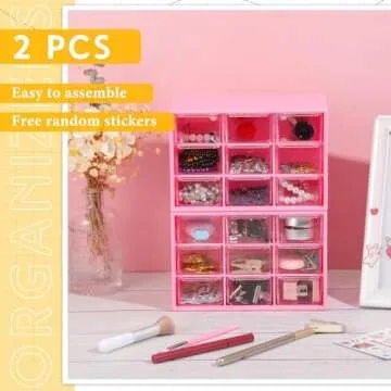 Wenqik 2 Pcs Small Drawer Organizer Teacher Toolbox Small Organizer with 9 Clear Drawers Plastic Desktop Craft Storage Box for Desk Office Classroom Home 7" x 3.9" x 4.7"(Rose Red)