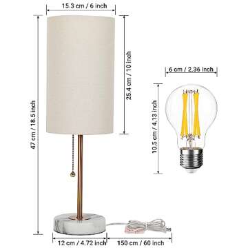 JUNNAI Bedside Table Lamp with Marble Base: Pull Chain Switch 3-Way Dimmable | Linen Fabric Shade & Golden Pole Small Nightstand Lamps 18.5 Inches for Bedrooms, Office, Dinning Room, Set of 2