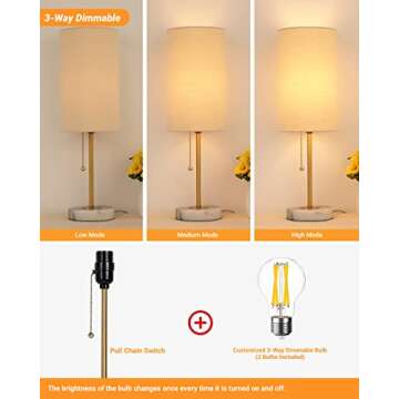 JUNNAI Bedside Table Lamp with Marble Base: Pull Chain Switch 3-Way Dimmable | Linen Fabric Shade & Golden Pole Small Nightstand Lamps 18.5 Inches for Bedrooms, Office, Dinning Room, Set of 2