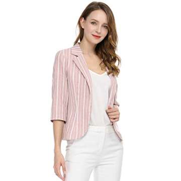 Allegra K Women's Striped Open Front Work Office 3/4 Sleeves Casual Notched Lapel Blazer X-Large Pin...