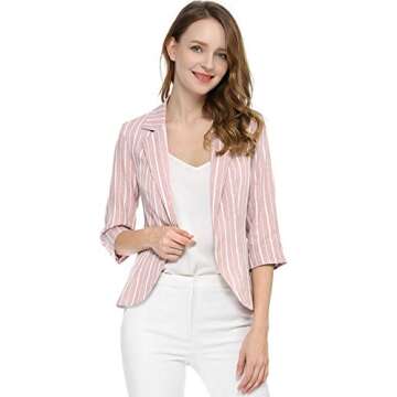 Allegra K Women's Striped Open Front Work Office 3/4 Sleeves Casual Notched Lapel Blazer X-Large Pink