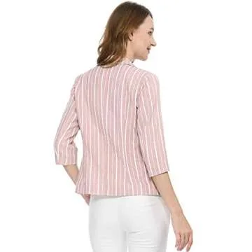 Allegra K Women's Striped Open Front Work Office 3/4 Sleeves Casual Notched Lapel Blazer X-Large Pink