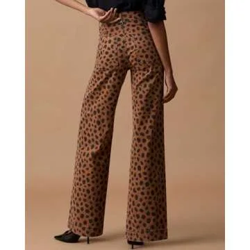 YEXPINE Women's Leopard Bell Bottom Jeans Mid Rise Stretchy Cheetah Print Flared Demin Pants