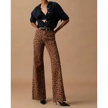 YEXPINE Women's Leopard Bell Bottom Jeans Mid Rise Stretchy Cheetah Print Flared Demin Pants