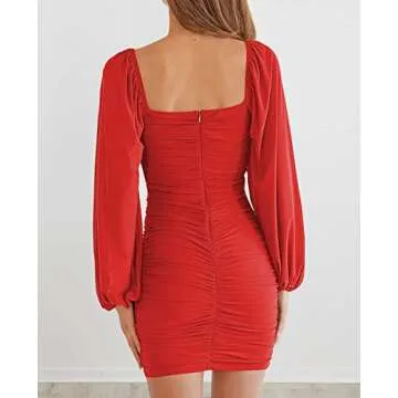 MEROKEETY Women's Square Neck Long Sleeve Mesh Ruched Bodycon Cocktail Party Mini Dress Red Small