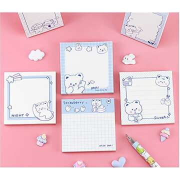 4 Pack Cute Sticky Notes Kawaii Sticky Notes Memo Pads 3.1x3.1 Inches Fresh Bear Series Self-Stick N...