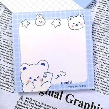 4 Pack Cute Sticky Notes Kawaii Sticky Notes Memo Pads 3.1x3.1 Inches Fresh Bear Series Self-Stick Note Pads for Girls Boys Students School Office Home (320 Sheets), 4 Pads 80 Sheets/Pad