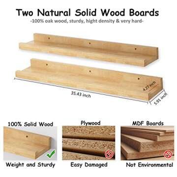 Gzshihu Solid Oak Shelving Wall Mounted, 35 Inch Rustic Wood Wall Storage Shelves, Long Wall Shelves Decorative Storage for Home Living, Kitchen, Bathroom, and Bedroom - Set of 2