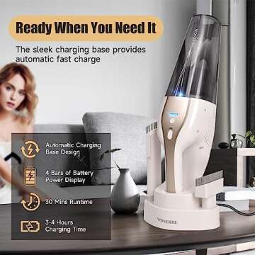 WONERBE Handheld Vacuum,Car Hand Vacuum Cleaner Cordless with Two Charging Cables,10000PA Hand Vacuum Small Portable Vacuums,Mini Rechargeable Vacuum Cleaner with 2 Filters&LED,Fast Charging Dock