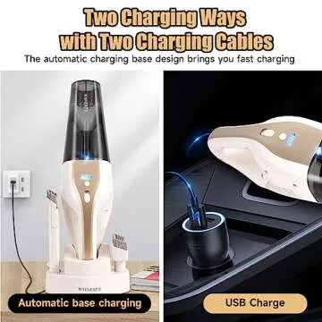 WONERBE Handheld Vacuum,Car Hand Vacuum Cleaner Cordless with Two Charging Cables,10000PA Hand Vacuum Small Portable Vacuums,Mini Rechargeable Vacuum Cleaner with 2 Filters&LED,Fast Charging Dock