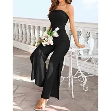 ZESICA Women's Strapless Jumpsuit Casual Off Shoulder High Waist Wide Leg Side Slit Long Romper Playsuits with Pockets,Black,Small
