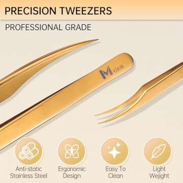 Lash Tweezers for Eyelash Extension, Hand Calibrated Dolphin-shaped Tip eyelash tweezers, False Lash...