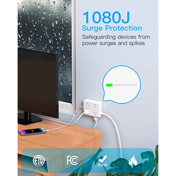 Surge Protector Power Strip, 5Ft Flat Extension Cord Flat Plug with 4 USB Charging Ports (2 USB C) 8 Widely Outlets, 1080J Wall Mount Outlet Extender, Office Supplies, Dorm Room Essentials