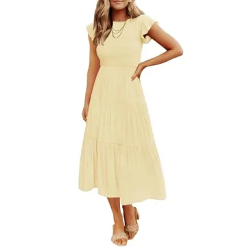 ZESICA Women's Summer Casual Flutter Short Sleeve Crew Neck Smocked Elastic Waist Tiered Midi Dress ...