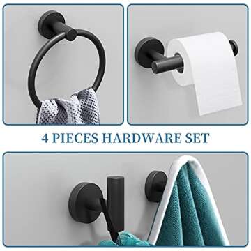 Sofier Black Bathroom Accessories Set 4Pcs Matte Black Bathroom Hardware Set Toilet Paper Holder Towel Ring Towel Hooks Hand Towel Holder Wall Mounted Heavy Duty Stainless Steel