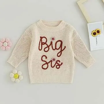 CREAIRY Big Sister Little Sister Matching Outfits Toddler Baby Girl Chunky Knit Sweater Warm Sweatshirt Knitted Fall Clothes (Big Sis-Beige, 2-3 Years)