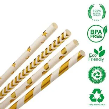 Paper straws for drinking, disposable biodegradable cocktail straws, perfect for Birthday, Party Supplies, Baby shower, Wedding/Bridal, Holiday Decoration, Gexolenu (Gold, 100pcs/pack)
