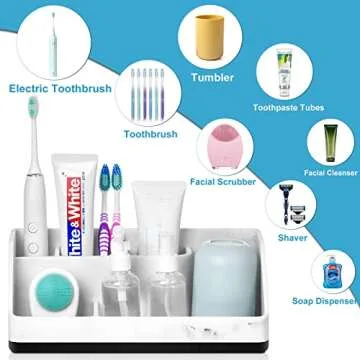 VITVITI Toothbrush Holder for Bathroom, Resin Bathroom Organizer Countertop Sink, Bathroom Counter Organizer Accessories 5 Compartment Storage for Toothpaste/Vanity, White Marble Color