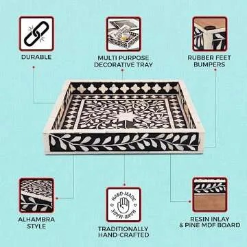 Handicrafts Home Alhambra Medio Pattern Inspired Decorative Trays 12x12 - Chic Negra Centerpiece, Versatile Ottoman Tray for Modern Home Decor, Artistic Kitchen Serving Tray, Tray for Living Room