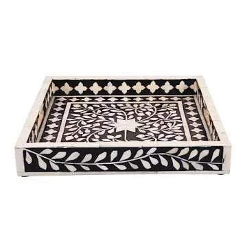 Handicrafts Home Alhambra Medio Pattern Inspired Decorative Trays 12x12 - Chic Negra Centerpiece, Versatile Ottoman Tray for Modern Home Decor, Artistic Kitchen Serving Tray, Tray for Living Room