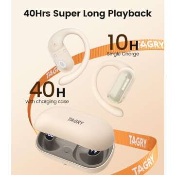 TAGRY Open Ear Earbuds Wireless Headphones 40HRS Playtime Fast Charging Digital Display Open Ear Headphones with Ergonomic Earhook IPX7 Waterproof Bluetooth 5.4 Ear Buds for Running Workout Beige