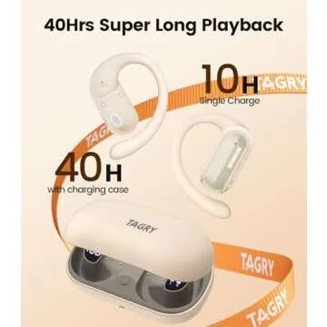 TAGRY Open Ear Earbuds Wireless Headphones 40HRS Playtime Fast Charging Digital Display Open Ear Headphones with Ergonomic Earhook IPX7 Waterproof Bluetooth 5.4 Ear Buds for Running Workout Beige