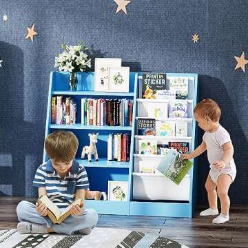 Blue 4 Tier Kids Wooden Bookshelf,Five Layer Sling Bookcase,Baby Storage Book Rack,Child Book and To...