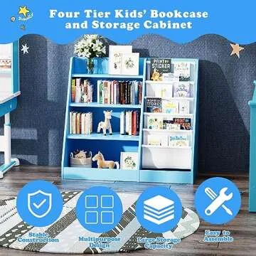 Blue 4 Tier Kids Wooden Bookshelf,Five Layer Sling Bookcase,Baby Storage Book Rack,Child Book and Toy Organizer Cabinet Chest,Toddler Book Display Playroom Kids Room Bedroom Classroom Nursery Library