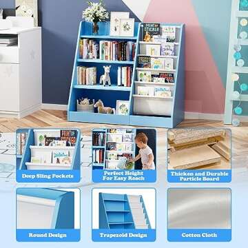 Blue 4 Tier Kids Wooden Bookshelf,Five Layer Sling Bookcase,Baby Storage Book Rack,Child Book and Toy Organizer Cabinet Chest,Toddler Book Display Playroom Kids Room Bedroom Classroom Nursery Library
