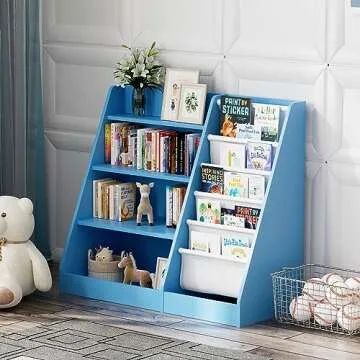 Blue 4 Tier Kids Wooden Bookshelf,Five Layer Sling Bookcase,Baby Storage Book Rack,Child Book and Toy Organizer Cabinet Chest,Toddler Book Display Playroom Kids Room Bedroom Classroom Nursery Library