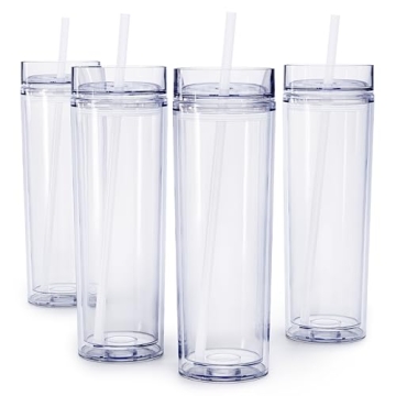 Maars Drinkware Double Wall Insulated Skinny Acrylic Tumblers with Straw and Lid, 16 oz. (4 pack, Cl...