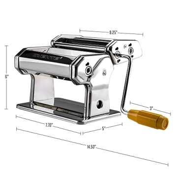 OVENTE Manual Stainless Steel Pasta Maker Machine and 7 Thickness Setting (0.5 to 3 mm), Easy Cleaning & Storage with Attachments of Hand Crank Roller Noodle Cutter & Countertop Clamp, Silver PA515S