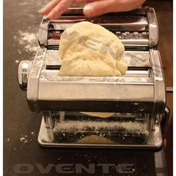 OVENTE Manual Stainless Steel Pasta Maker Machine and 7 Thickness Setting (0.5 to 3 mm), Easy Cleaning & Storage with Attachments of Hand Crank Roller Noodle Cutter & Countertop Clamp, Silver PA515S