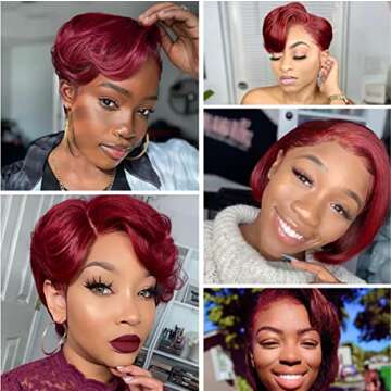 Asteria Straight Short Cut Bob Human Hair Wig with Pre Plucked #99j Pixie Cut Bob Wigs for Women Burgundy 13x4x1 Transparent Lace Bob Wigs Side Part Pixie Wig Colored Wine Red 6 Inch