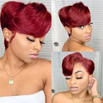 Asteria Straight Short Cut Bob Human Hair Wig with Pre Plucked #99j Pixie Cut Bob Wigs for Women Burgundy 13x4x1 Transparent Lace Bob Wigs Side Part Pixie Wig Colored Wine Red 6 Inch