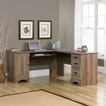Sauder Harbor View L-Shaped Computer Desk, 66" Salt Oak Finish