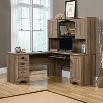 Sauder Harbor View L-Shaped Computer Desk, 66" Salt Oak Finish